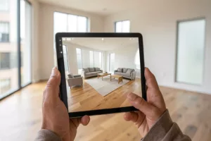 Person hält ein Tablet in einem leeren Raum, das AR-Möbel einblendet