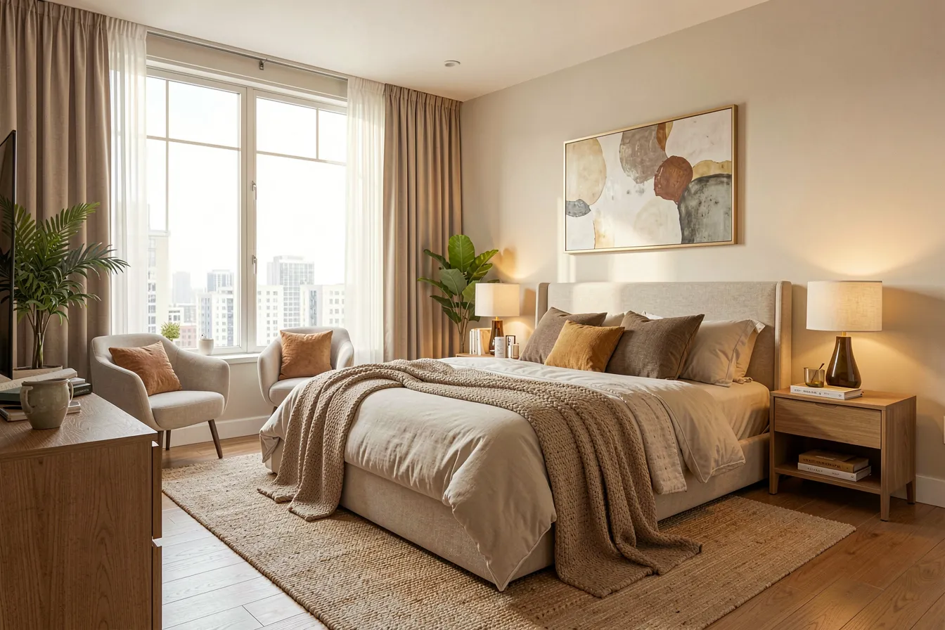 Virtuell gestagtes Schlafzimmer mit real bestellbaren Möbeln für das Immobilienmarketing