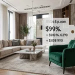 Modernes Wohnzimmer mit Produkt-Tag an einem Sessel als Shoppable Rendering