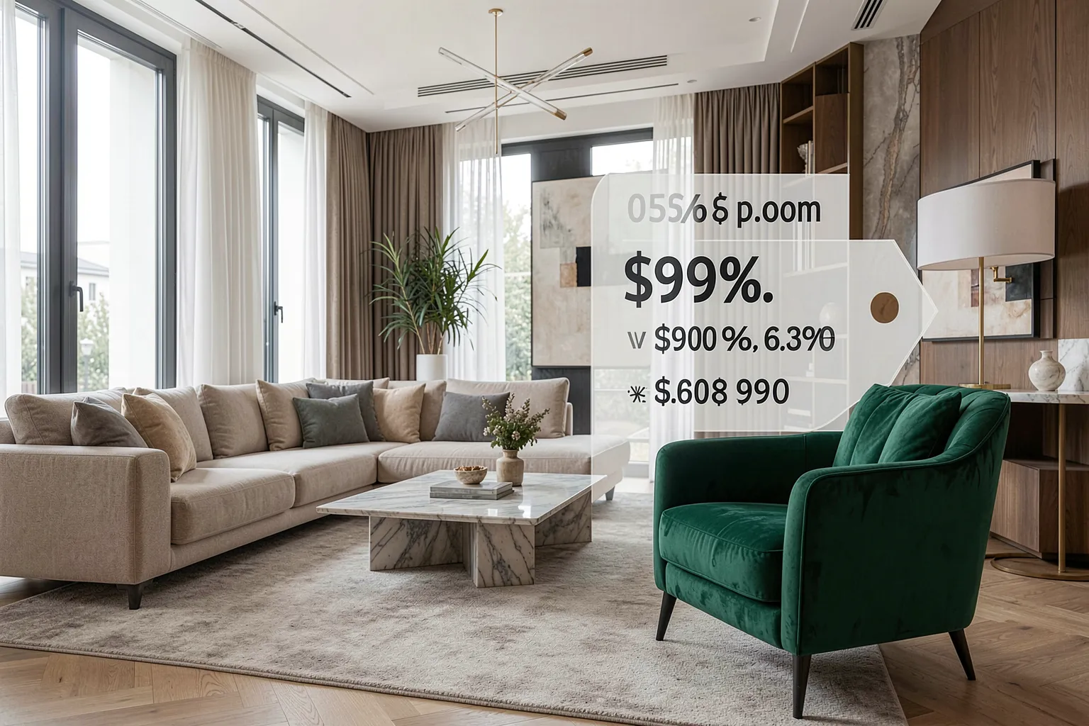 Modernes Wohnzimmer mit Produkt-Tag an einem Sessel als Shoppable Rendering