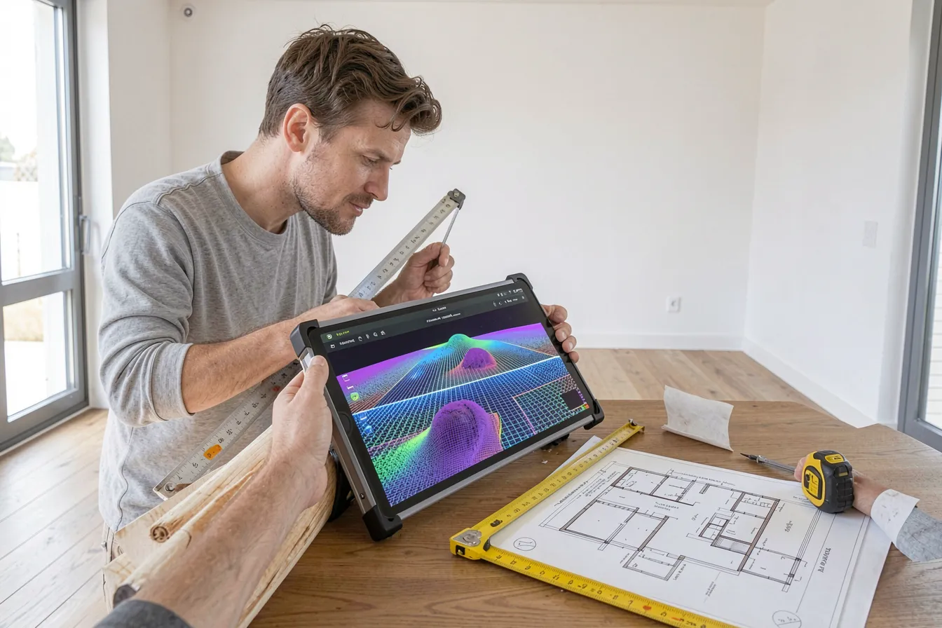 Innenarchitektin scannt einen leeren Raum mit LiDAR-Tablet fuer ein masstabstreues 3D-Modell