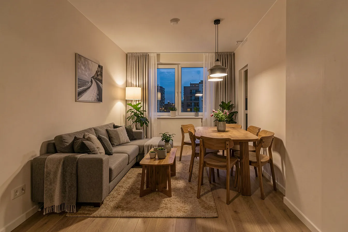 Moderne Wohnung mit masstabsgetreu platzierten Moebeln und korrekten Laufwegen