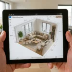 Tablet zeigt masstabstreues 3D-Rendering ueber einem realen modernen Wohnzimmer