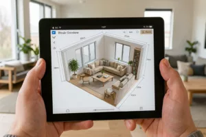Tablet zeigt masstabstreues 3D-Rendering ueber einem realen modernen Wohnzimmer