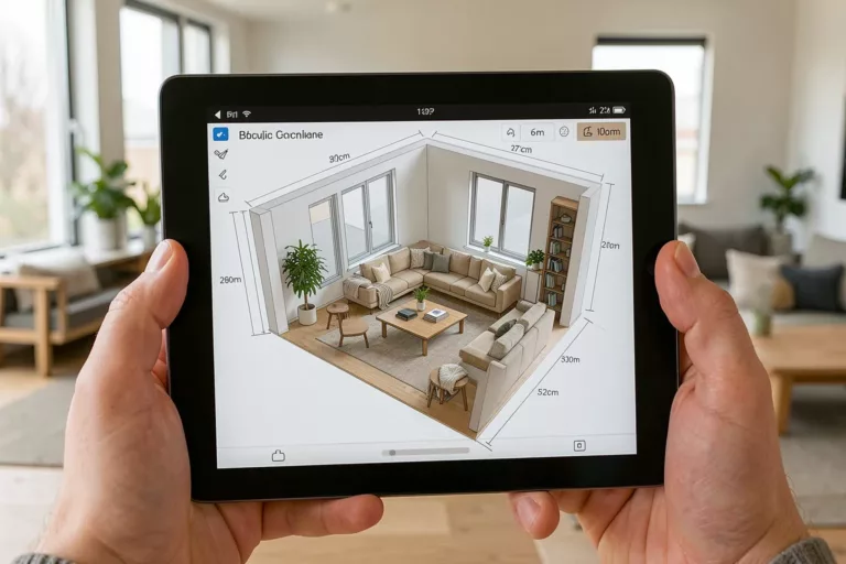Tablet zeigt masstabstreues 3D-Rendering ueber einem realen modernen Wohnzimmer