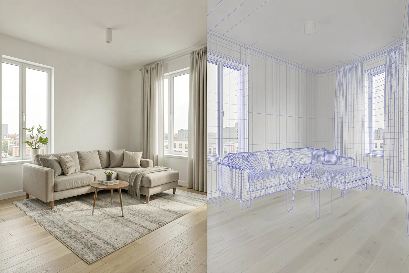 Fotorealistischer Raum mit Tiefen- und Kantenlinien als Overlay