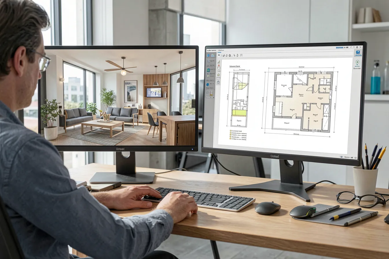 Vergleich von KI-Rendering und technischem Grundriss am Arbeitsplatz
