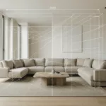 Modernes Wohnzimmer mit überlagertem 3D-Raster und Grundriss-Bemaßung
