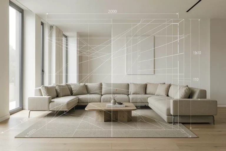 Modernes Wohnzimmer mit überlagertem 3D-Raster und Grundriss-Bemaßung