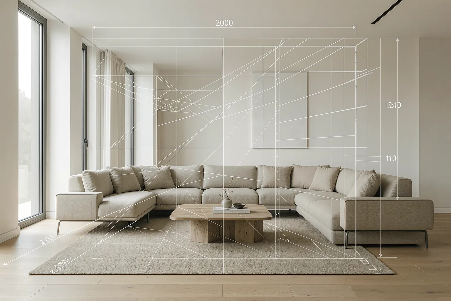 Modernes Wohnzimmer mit überlagertem 3D-Raster und Grundriss-Bemaßung