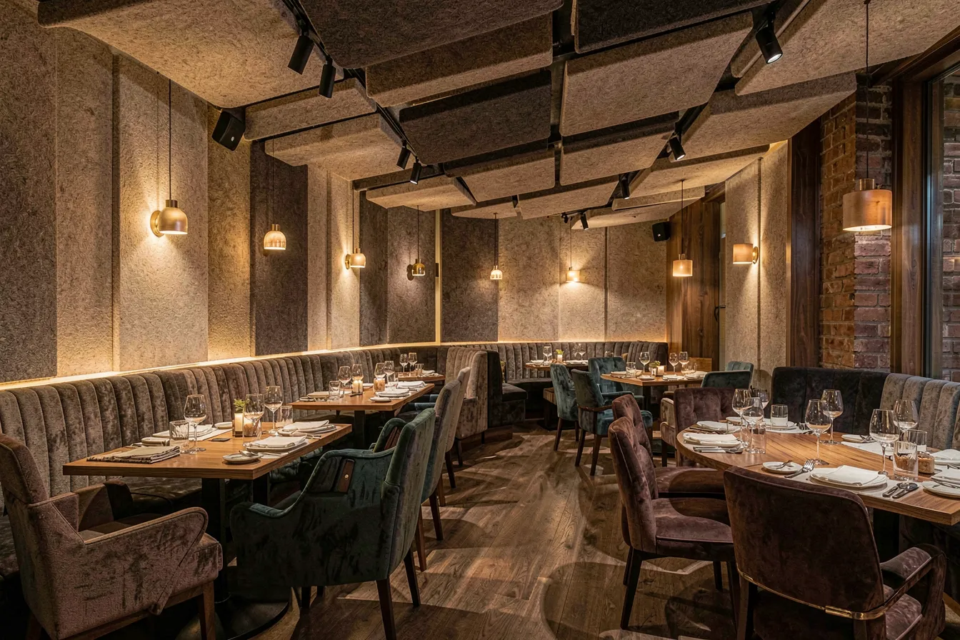 Restaurant mit akustisch wirksamen Deckenpaneelen und Polsterbänken