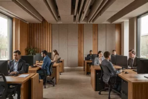 Modernes Großraumbüro mit akustischer Decke und Filz-Wandpaneelen