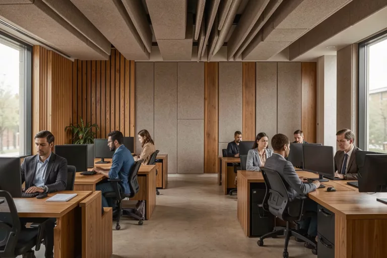 Modernes Großraumbüro mit akustischer Decke und Filz-Wandpaneelen