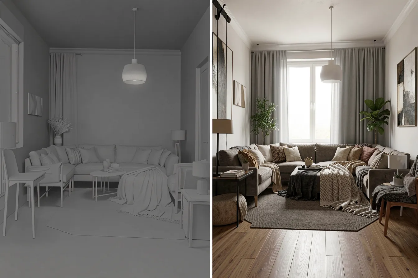 Hybrid-Rendering: graues 3D-Modell wird zum fotorealistischen Innenraum