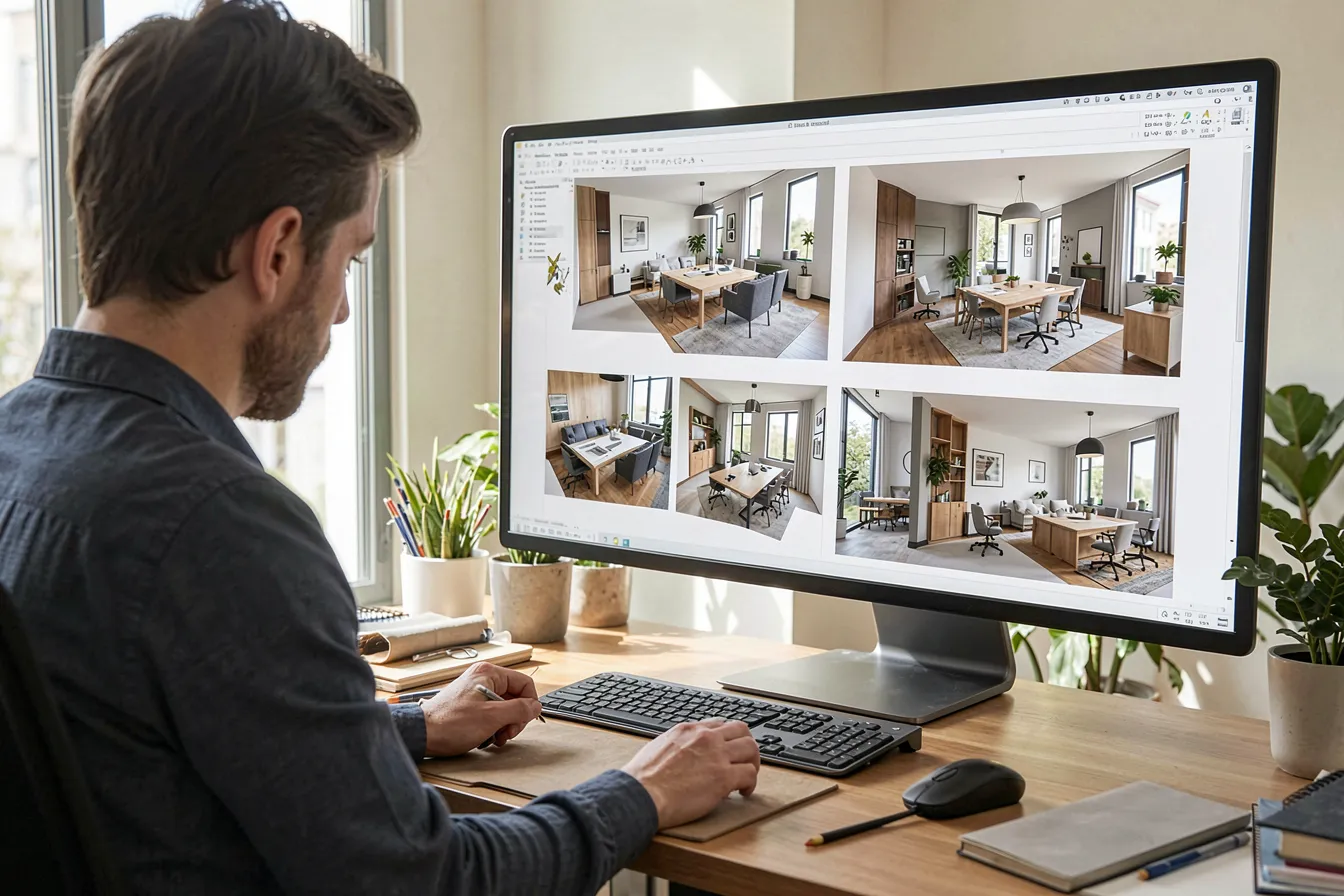 Planer vergleicht mehrere Raumvarianten am Monitor