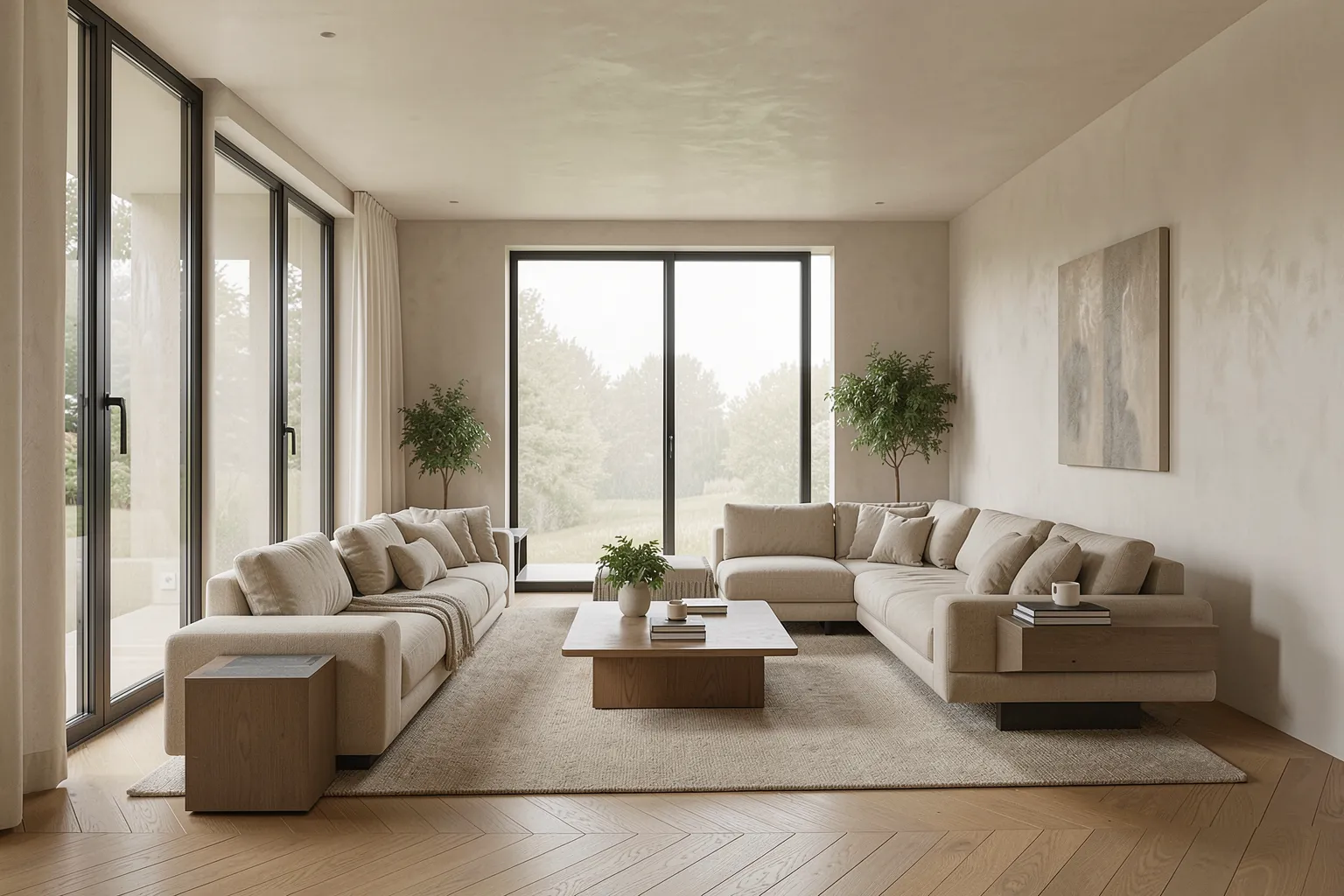 Fotorealistischer moderner Wohnraum aus dem Hybrid-Rendering-Prozess