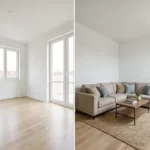 Unmöblierter und digital möblierter Raum als ehrliches Virtual-Staging-Beispiel