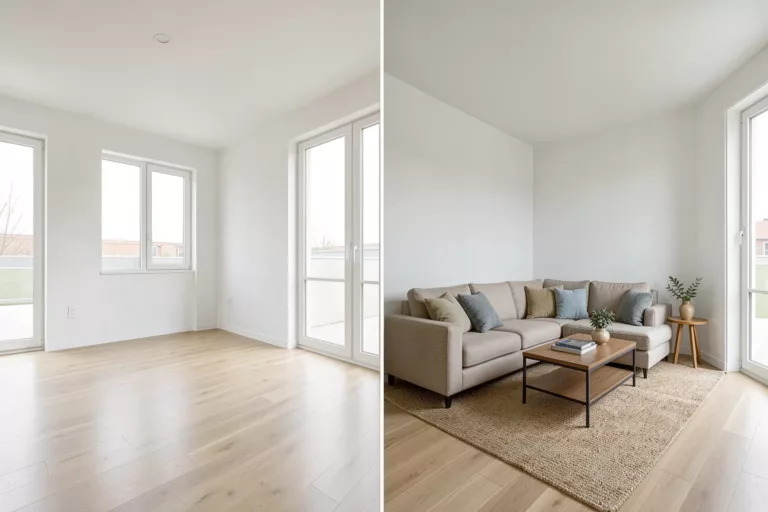 Unmöblierter und digital möblierter Raum als ehrliches Virtual-Staging-Beispiel