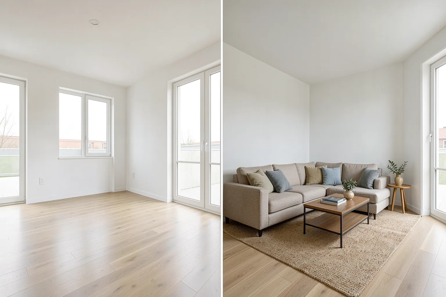 Unmöblierter und digital möblierter Raum als ehrliches Virtual-Staging-Beispiel
