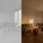 Wireframe-Mesh links, fotorealistisches Rendering rechts – gleiche Raumgeometrie