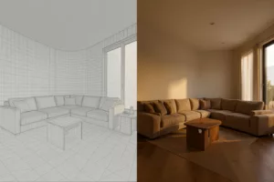 Wireframe-Mesh links, fotorealistisches Rendering rechts – gleiche Raumgeometrie