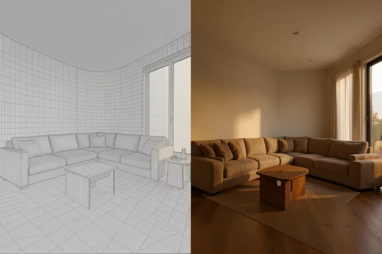 Wireframe-Mesh links, fotorealistisches Rendering rechts – gleiche Raumgeometrie