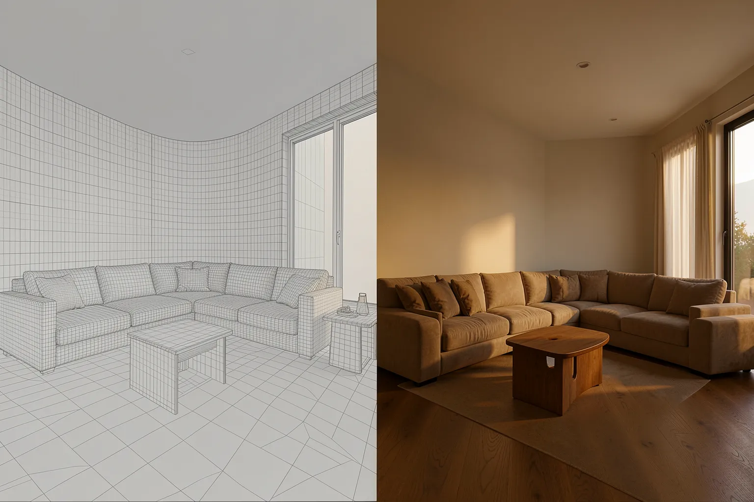 Wireframe-Mesh links, fotorealistisches Rendering rechts – gleiche Raumgeometrie
