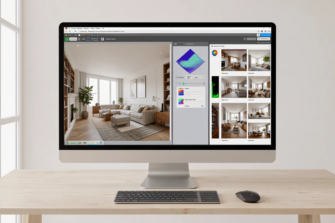 KI-Interior-Software mit Render, Tiefenkarte und mehreren Raumvarianten auf dem Monitor