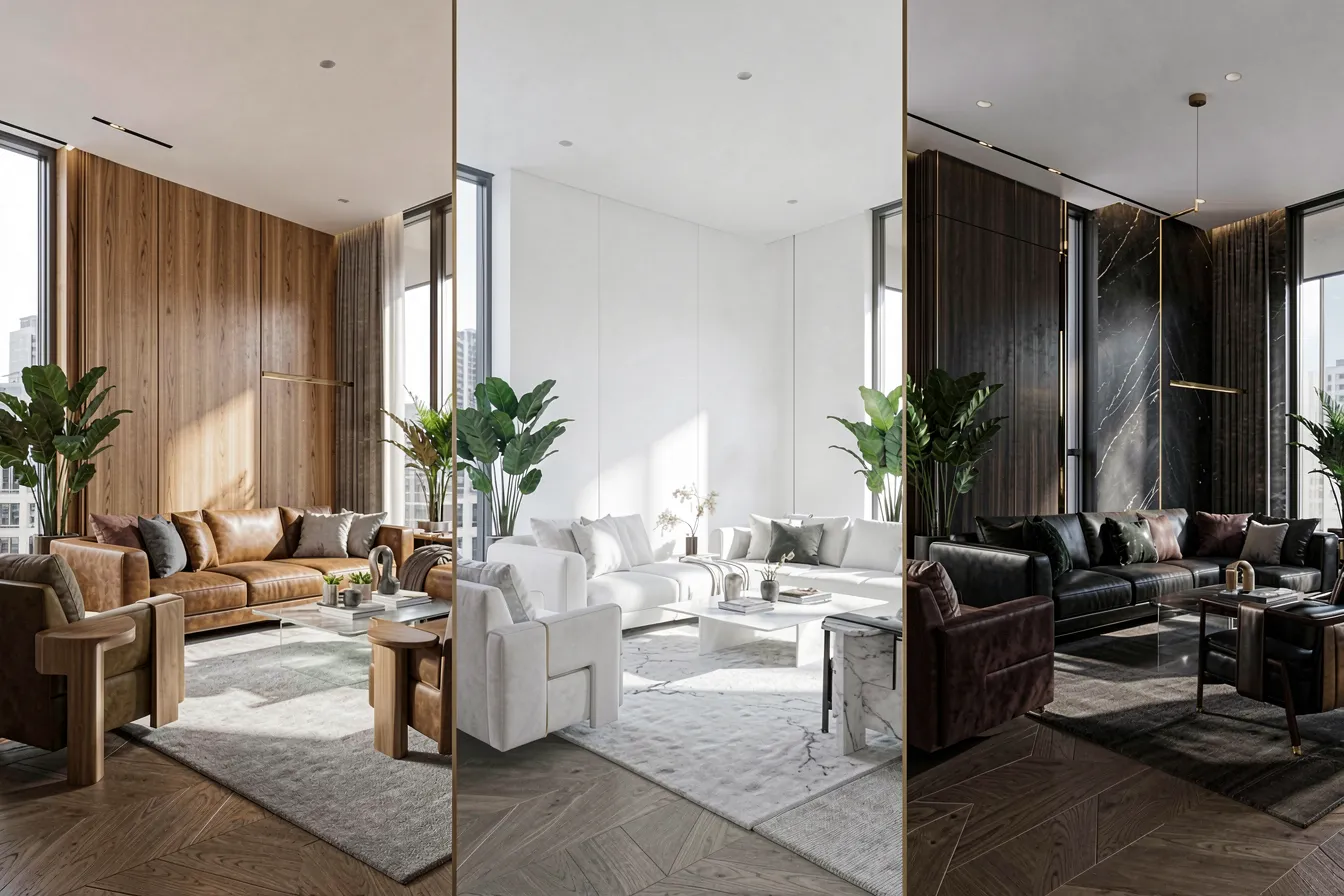 Wohnzimmer in drei Materialvarianten nebeneinander als USD-Ebenen