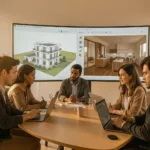 Designteam arbeitet gemeinsam an einer 3D-Innenraumszene auf großen Monitoren