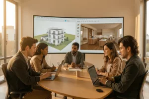 Designteam arbeitet gemeinsam an einer 3D-Innenraumszene auf großen Monitoren