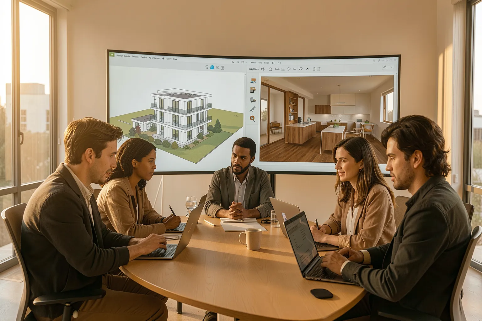 Designteam arbeitet gemeinsam an einer 3D-Innenraumszene auf großen Monitoren