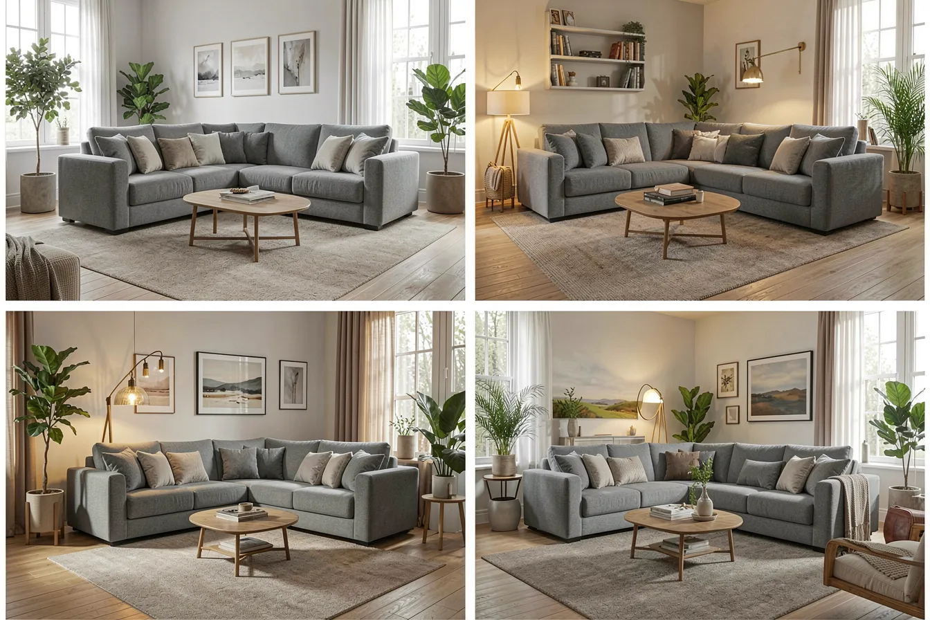 Dasselbe Sofa in mehreren Raumsituationen aus einem trainierten KI-Modell