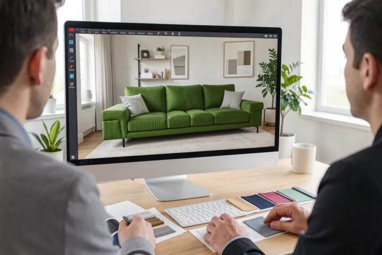 Designer begutachtet ein KI-Rendering mit einem konkreten Produkt aus dem eigenen Katalog