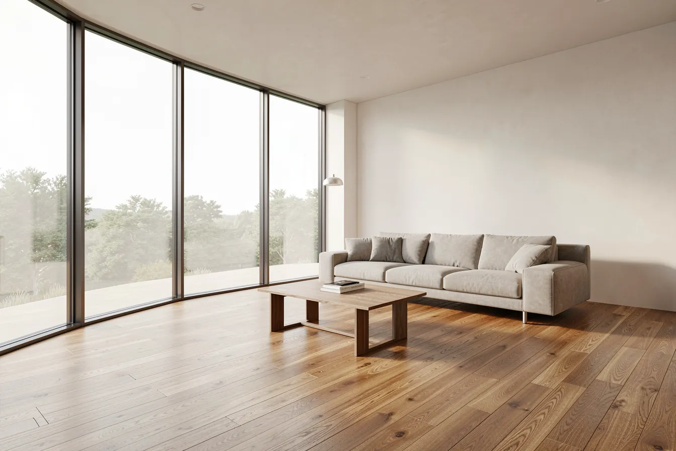 Fotorealistisches KI-Rendering eines modernen Wohnzimmers mit Eichenboden und raumhohen Fenstern