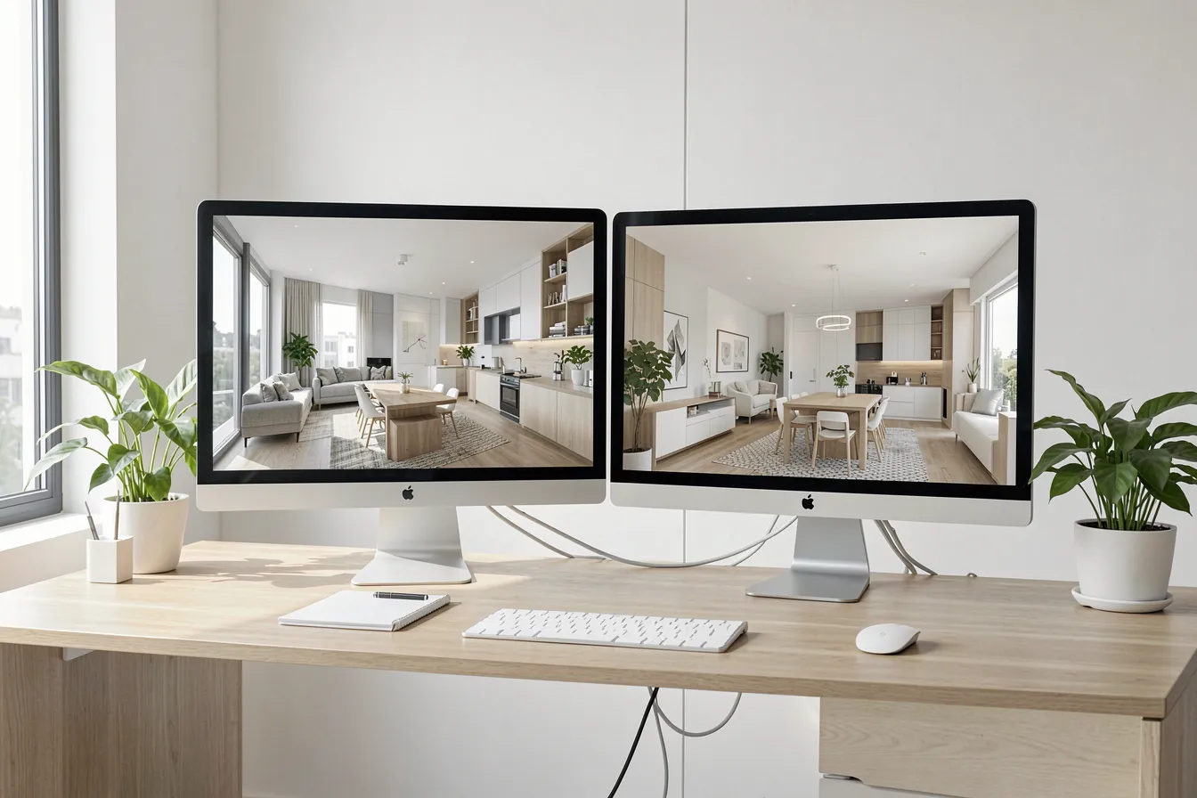 Zwei Monitore mit fotorealistischen Innenraum-Renderings im Designbuero