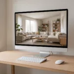 Studio-Monitor zeigt ein fotorealistisches KI-Rendering eines Wohnzimmers