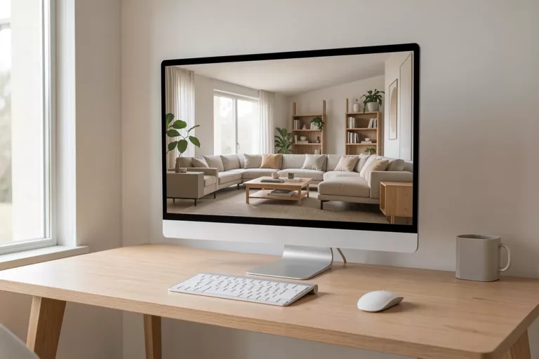Studio-Monitor zeigt ein fotorealistisches KI-Rendering eines Wohnzimmers