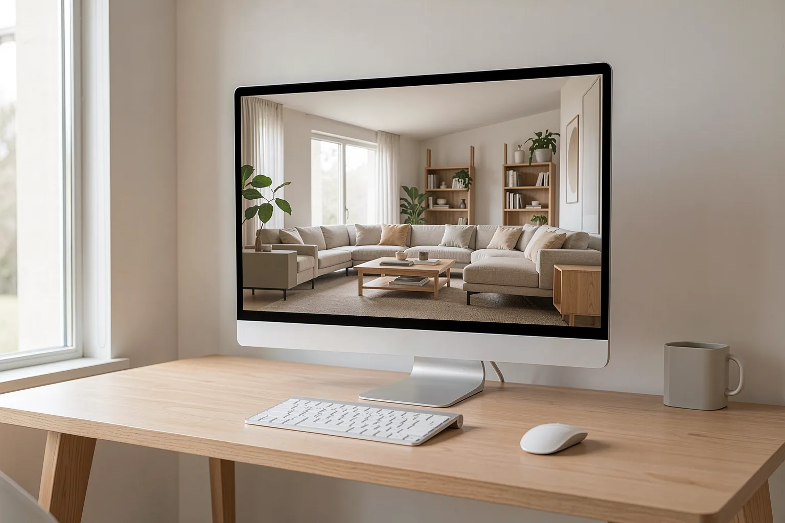 Studio-Monitor zeigt ein fotorealistisches KI-Rendering eines Wohnzimmers