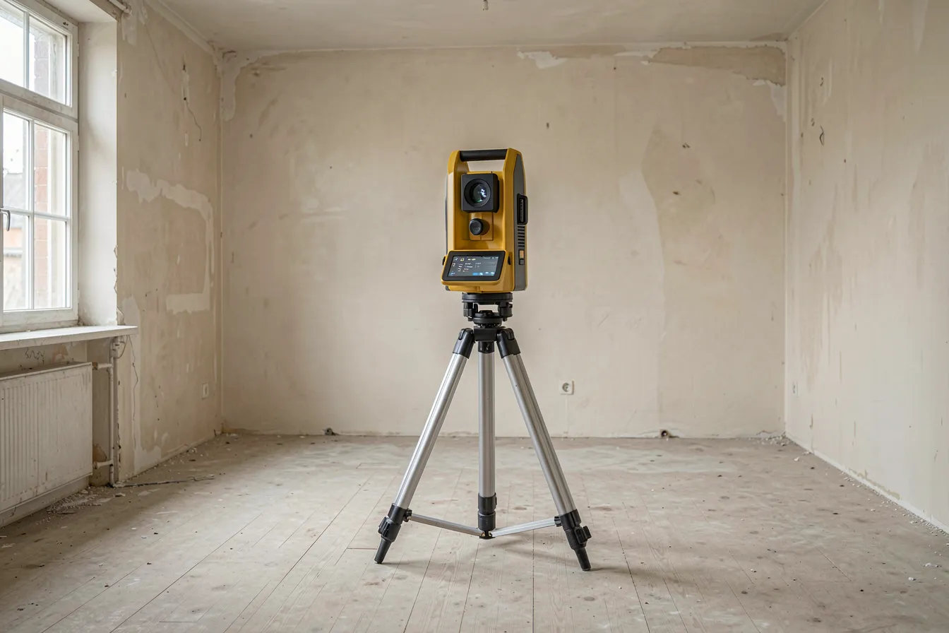 3D-Laserscanner auf Stativ erfasst einen leeren Raum vor der Sanierung
