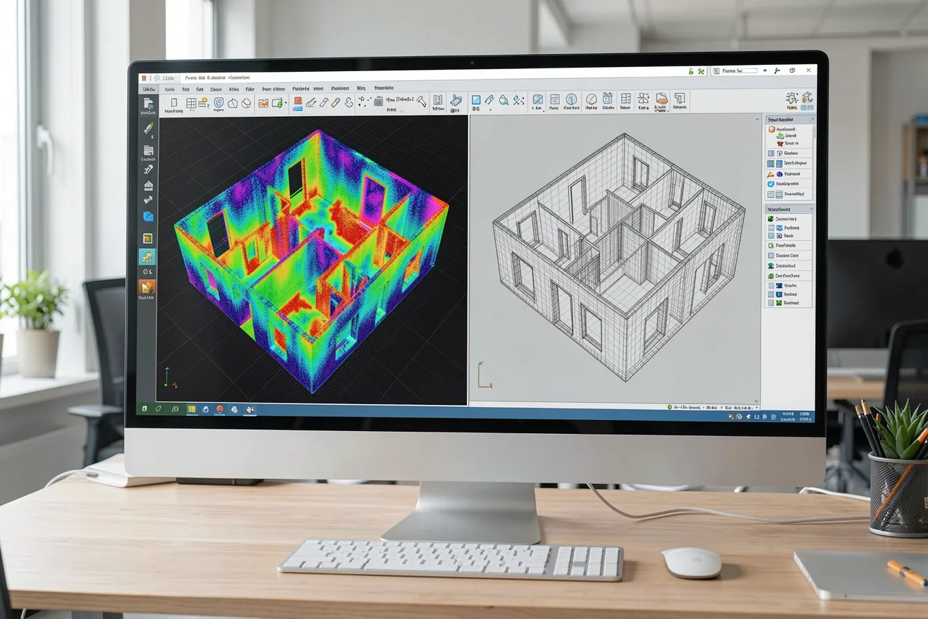 Bildschirm zeigt Punktwolke und daraus erzeugtes parametrisches BIM-Modell nebeneinander