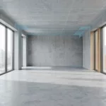 Leerer Büroraum mit blauem Laserscan-Raster über Wänden, Boden und Decke