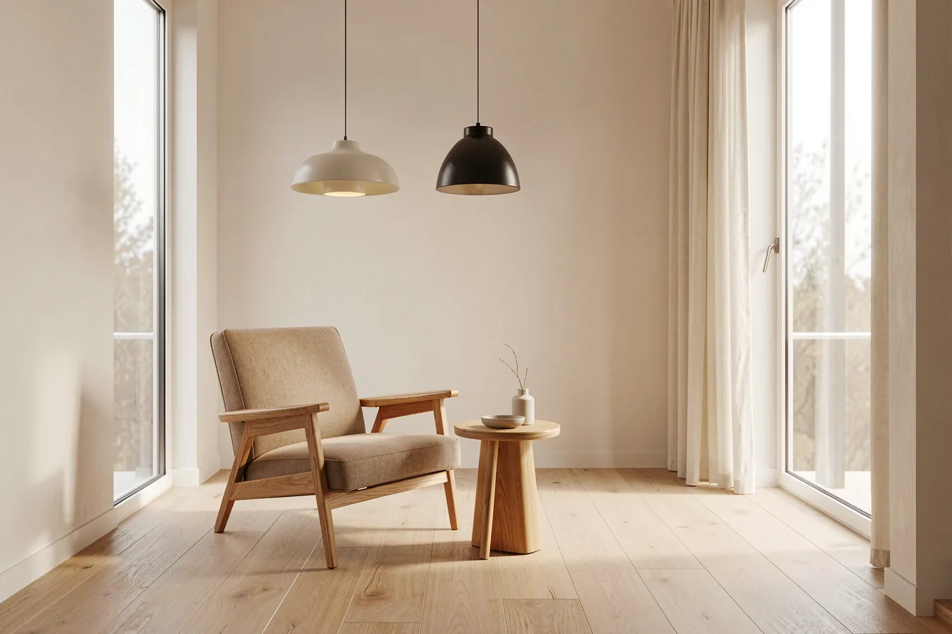 Modernes Wohnzimmer mit KI-generierten Möbelobjekten: Sessel, Pendelleuchten und Beistelltisch