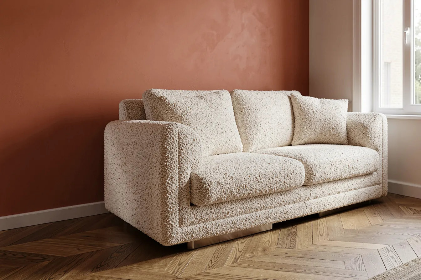 Bouclé-Sofa vor terrakottafarbener Wand – Materialwechsel per Inpainting