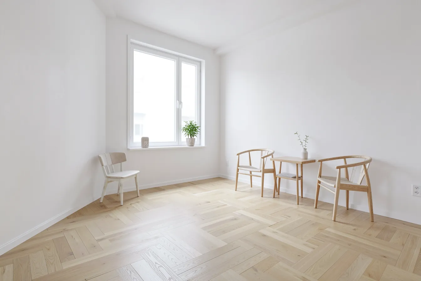Minimalistischer heller Innenraum als begehbares KI-Weltmodell