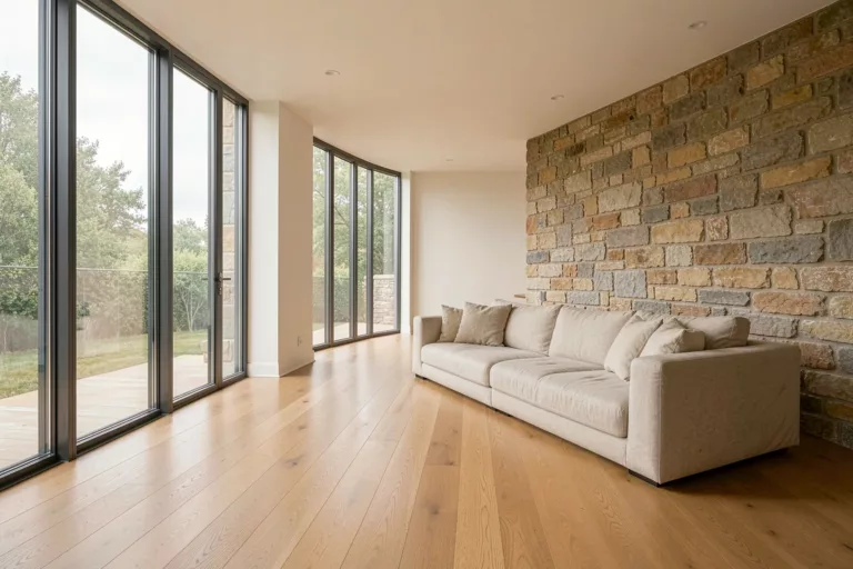 Heller moderner Wohnraum mit Natursteinwand als begehbares KI-Weltmodell